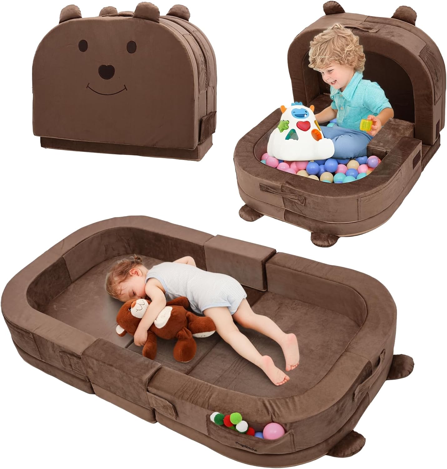 Angelbecke toddler travel bed front view brown bear design foldable baby cot
