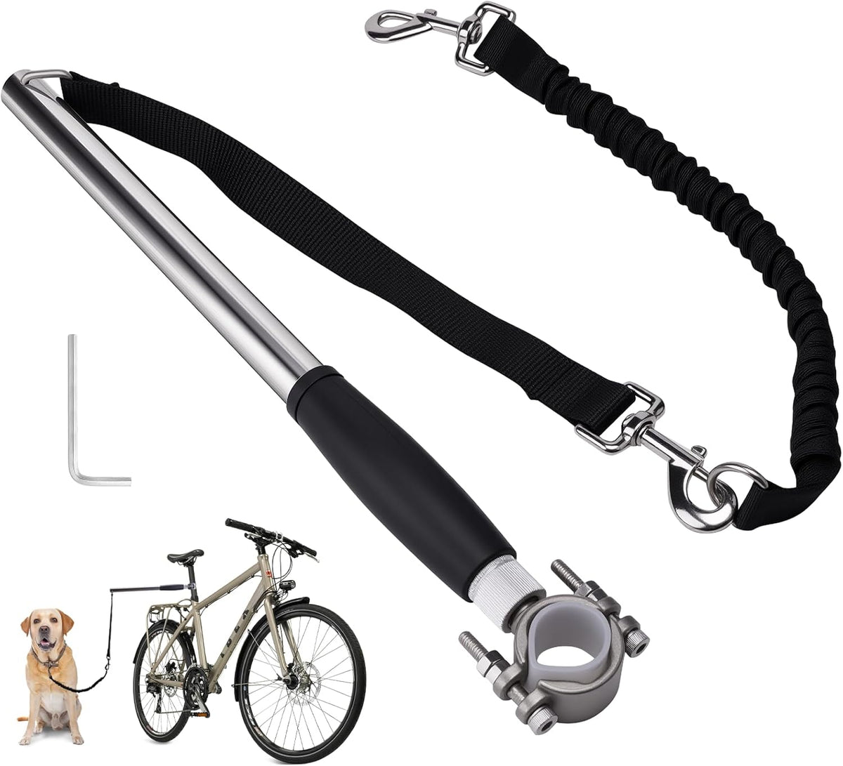 Pietenjoy hands free dog bike leash front view attached to a bicycle seat post.