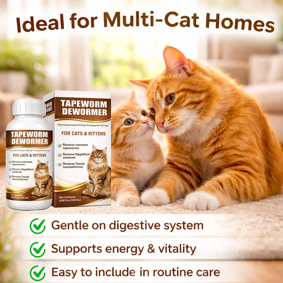 Cat dewormer 120 milliliter bottle with easy dosing instructions.