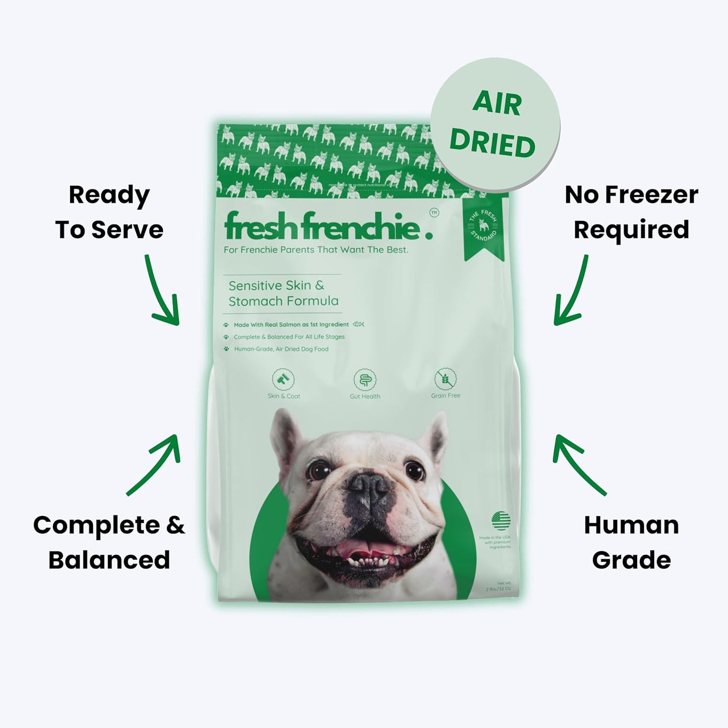 Fresh Frenchie 4 Pound bag displaying the probiotics and superfoods inclusion for premium dog health