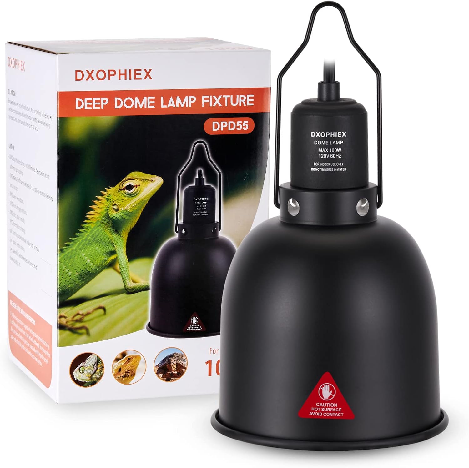 DXOPHIEX 5.5 Inch Deep Dome Reptile Heat Lamp front view showing black aluminum casing and top cooling vents.