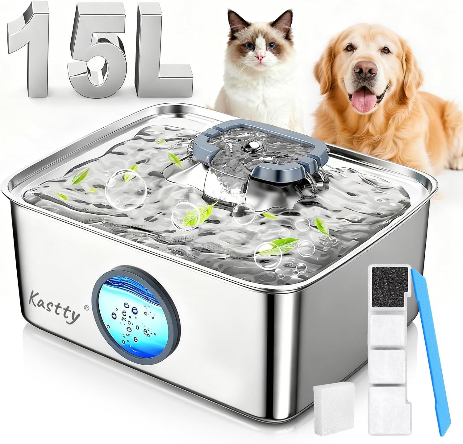 Kastty 4 Gal Dog Water Fountain for Large Dogs,15L Stainless Steel Dog Water Bowl Dispenser Triple Filtration,Ultra Quiet Automatic Pet Water Fountain with Water Level Window and LED Light(FS76) - Image 10