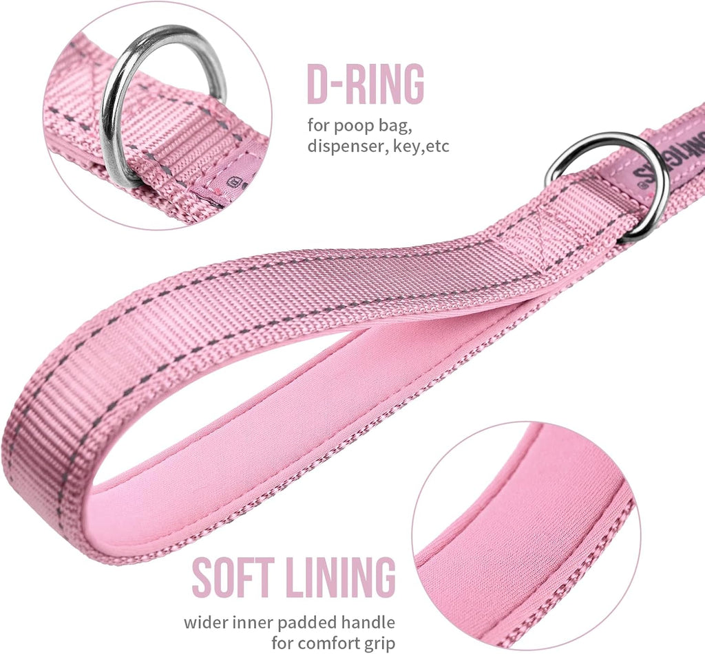 Pink tactical grade nylon dog leash by OneTigris laid out to show full six feet length