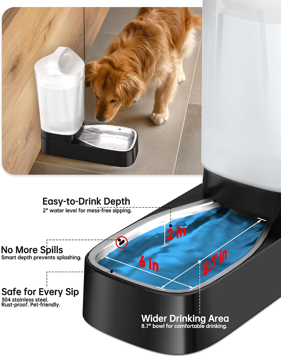Automatic Dog Water Bowl Dispenser - 2.4 Gallon Gravity Pet Water Dispenser with 304 Stainless Steel Bowl, Dog Auto Feeders Bowls Self Waterer, Easy-Carry Handle for Large Dogs & Cats, Multi-Pet Home - Image 9