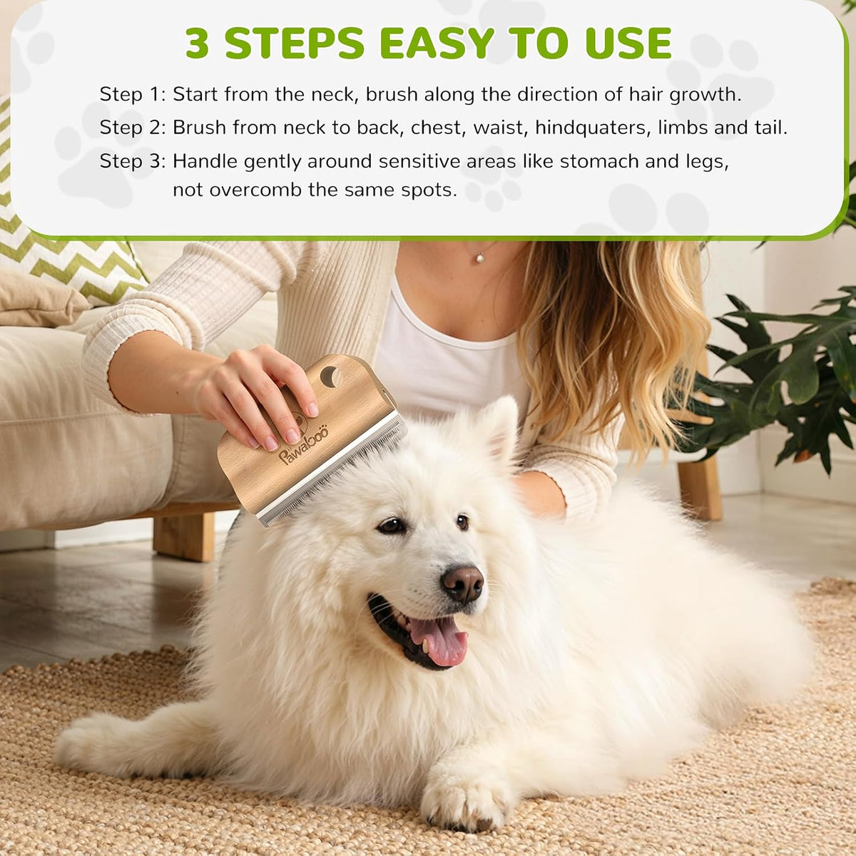 Compact five point one inch Pawaboo wooden pet comb fitting easily into a travel bag for outdoor grooming.