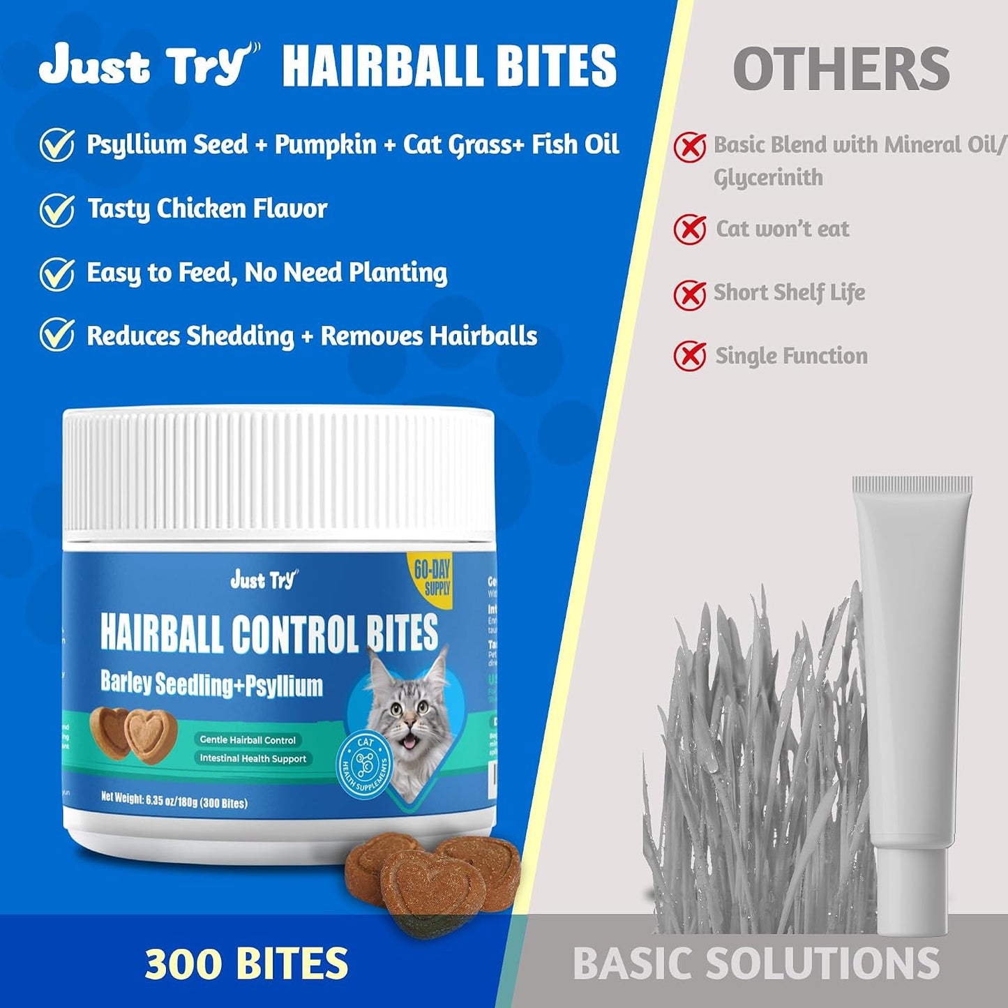 Close up look at the heart shaped crunchy bites from Just Try hairball prevention supplement