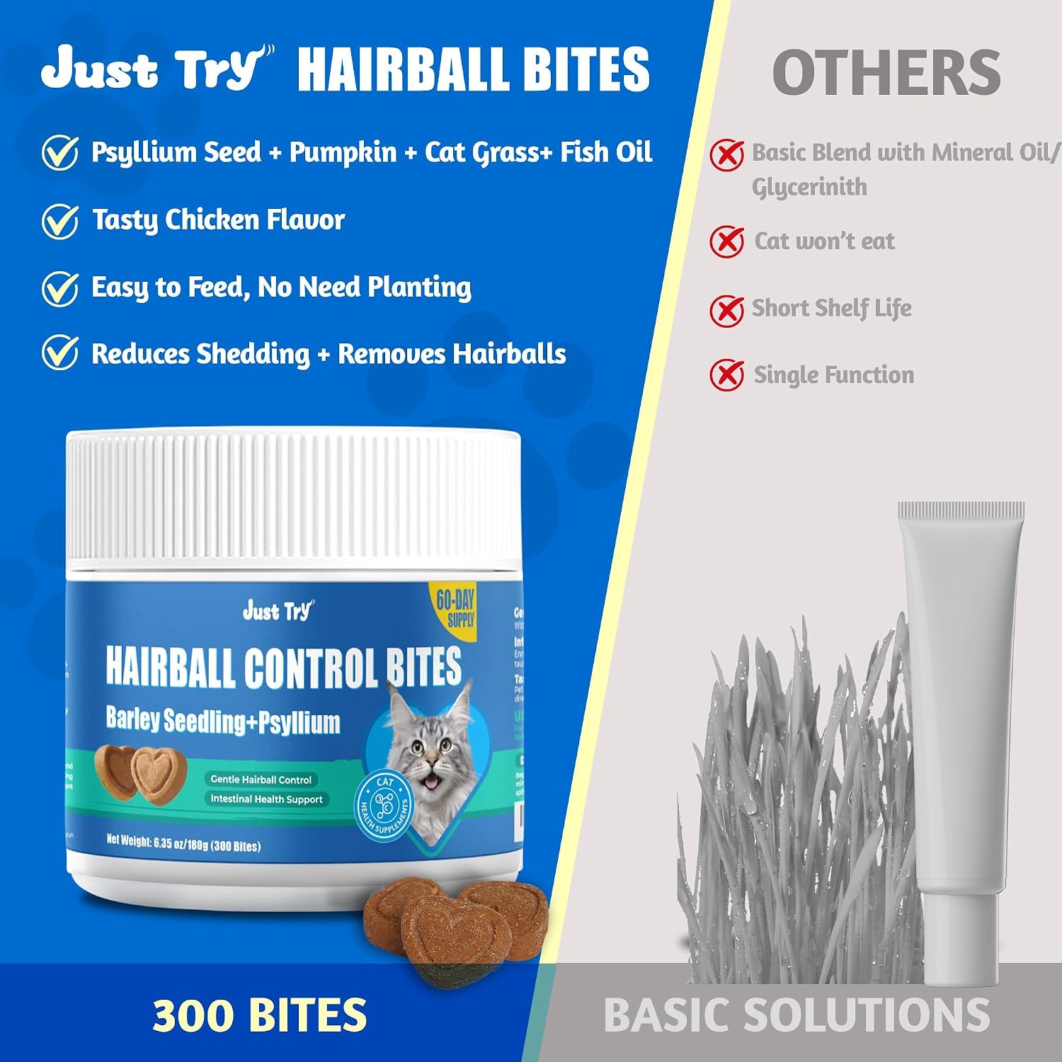Close up look at the heart shaped crunchy bites from Just Try hairball prevention supplement