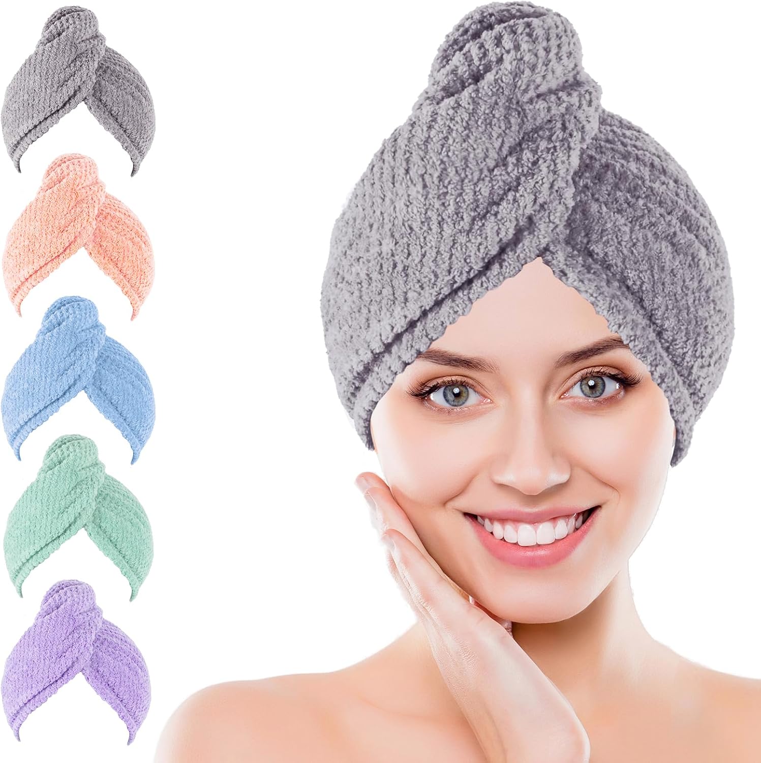 Kldnkig soft microfiber hair drying towel wrap 5 pack set front view