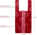 Red leak proof pet waste bags with easy tie handles close up.