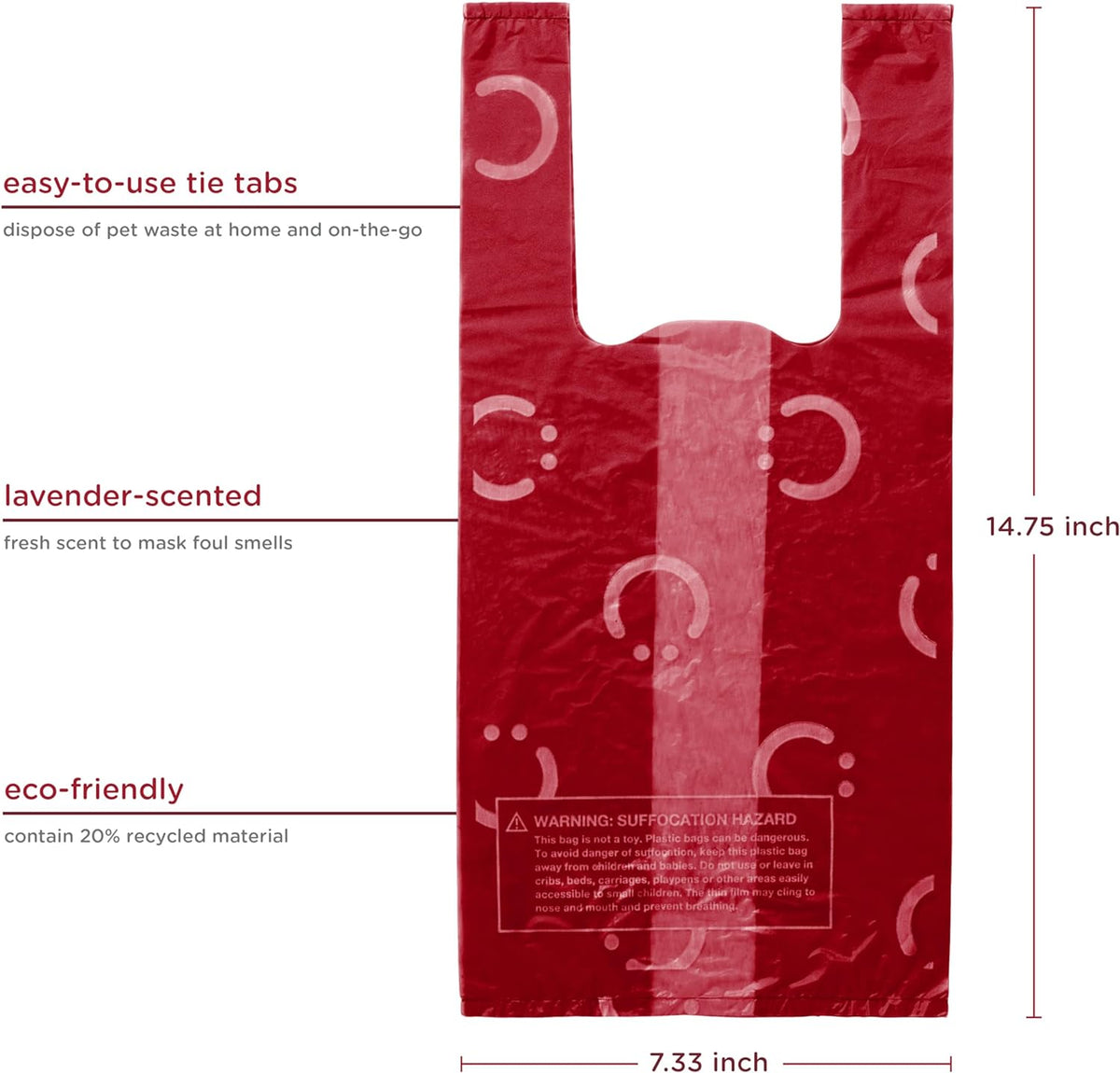 Red leak proof pet waste bags with easy tie handles close up.