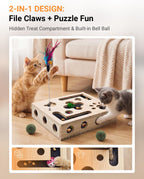 Indoor cat interacting with natural wood puzzle feeder toy containing jingle balls