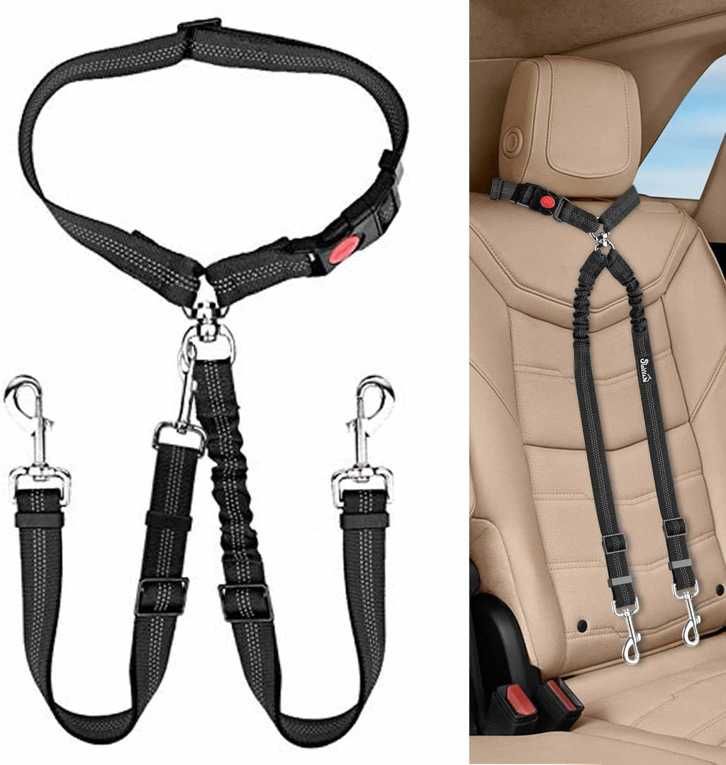 Lukovee Double Dog Seat Belt, New Dual Pet Car Headrest Restraint Safety Seatbelt No Tangle Dog Leash Duty Adjust Elastic Bungee Puppy Lead Splitter Connect Harness in Vehicle Travel for 2 Dogs,Black - Image 9