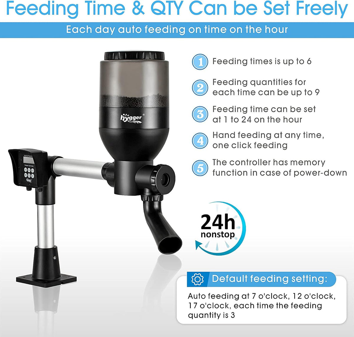 Hygger automatic pond fish feeder front view displaying LCD control panel and 5.5L container