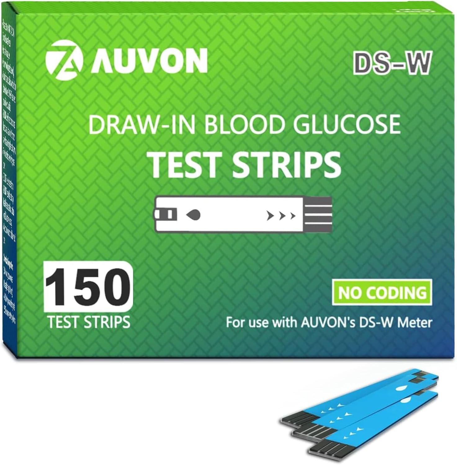 AUVON DS-W Draw-In Blood Glucose Test Strips 150 Count pack front view for accurate diabetes monitoring