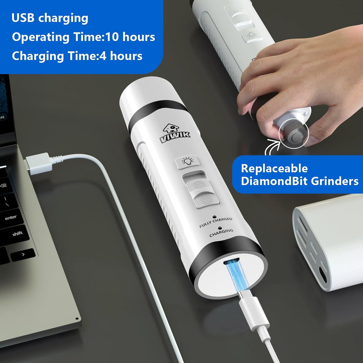 Viwik cordless pet nail trimmer being charged via USB