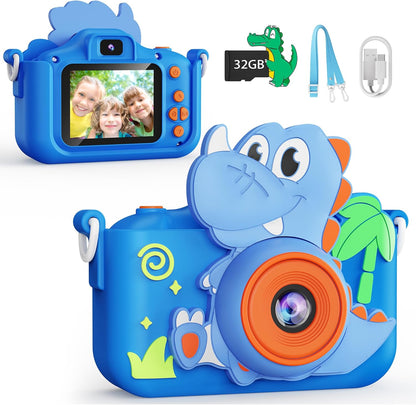 KOKODI kids digital camera toy front view showcasing blue dinosaur silicone protective case