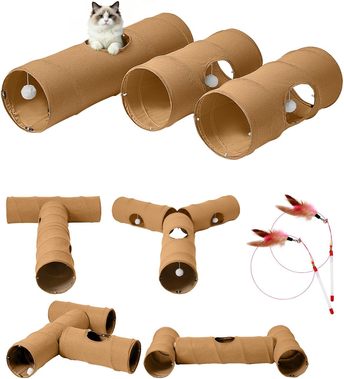 Cat Tunnel, 3 Straight Shaped Tunnels 6 DIY Shapes with Wand Toys, No Noise Scratch Resistant Cool Linen Fabric, Interactive Pet Tunnel Tube for Indoor Cats, Puppy and Rabbits - Image 9