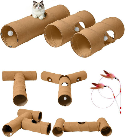 Cat Tunnel, 3 Straight Shaped Tunnels 6 DIY Shapes with Wand Toys, No Noise Scratch Resistant Cool Linen Fabric, Interactive Pet Tunnel Tube for Indoor Cats, Puppy and Rabbits - Image 9