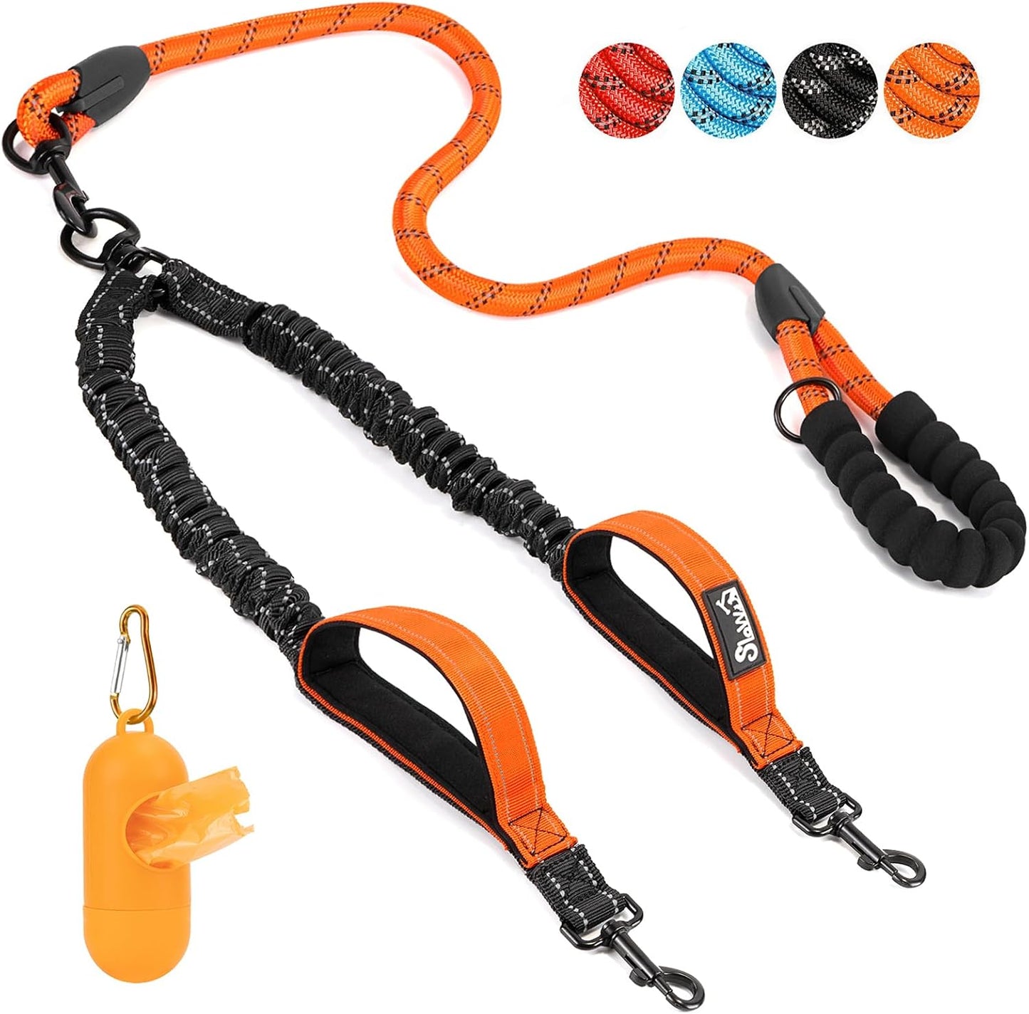 SlowTon black dual dog coupler leash detailing the premium metal snap hooks for collar attachment.