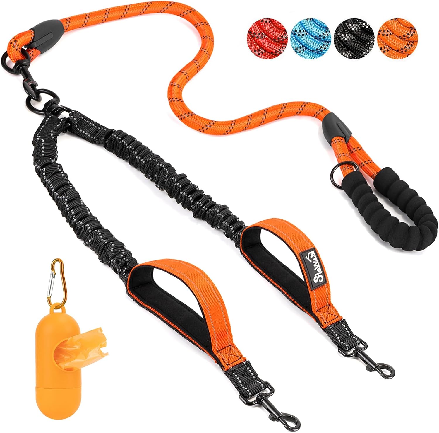 SlowTon black dual dog coupler leash detailing the premium metal snap hooks for collar attachment.