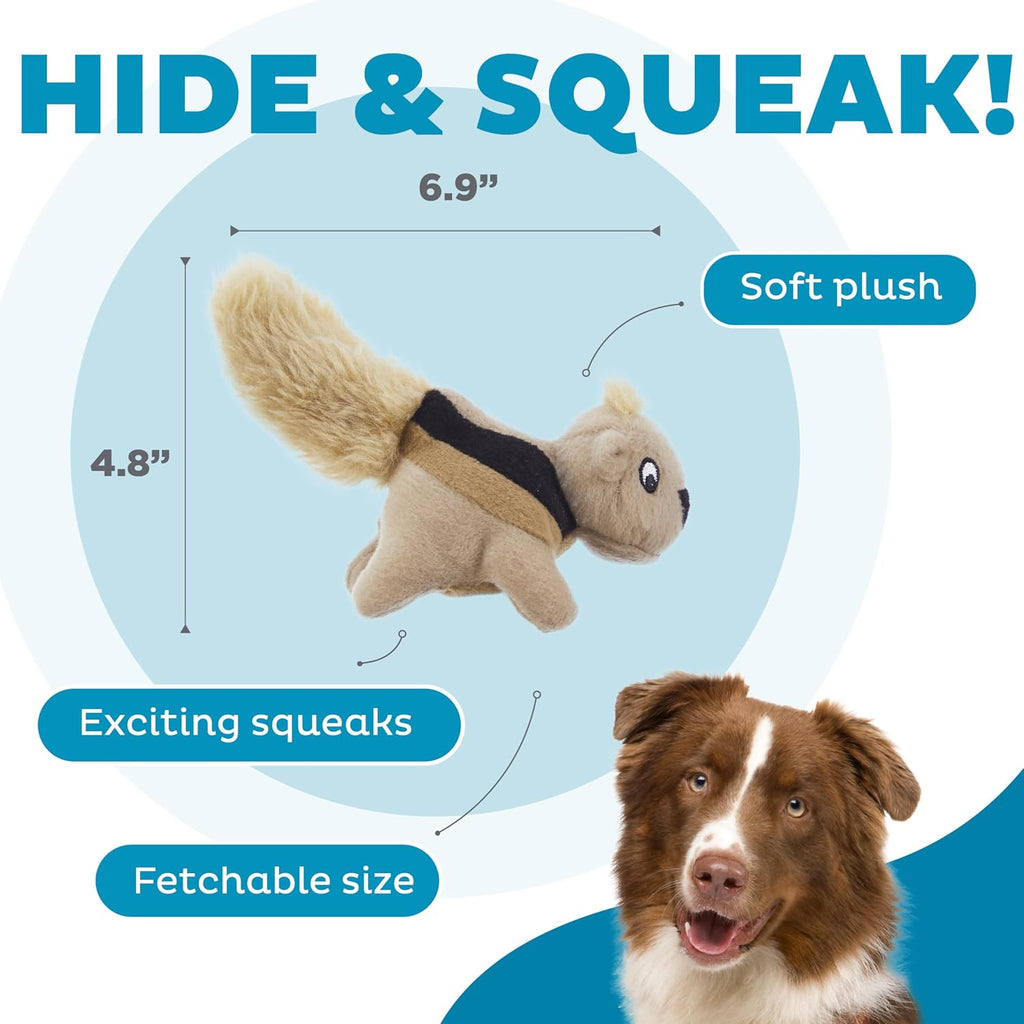 Three small brown plush squirrel dog toys with puncture resistant squeakers