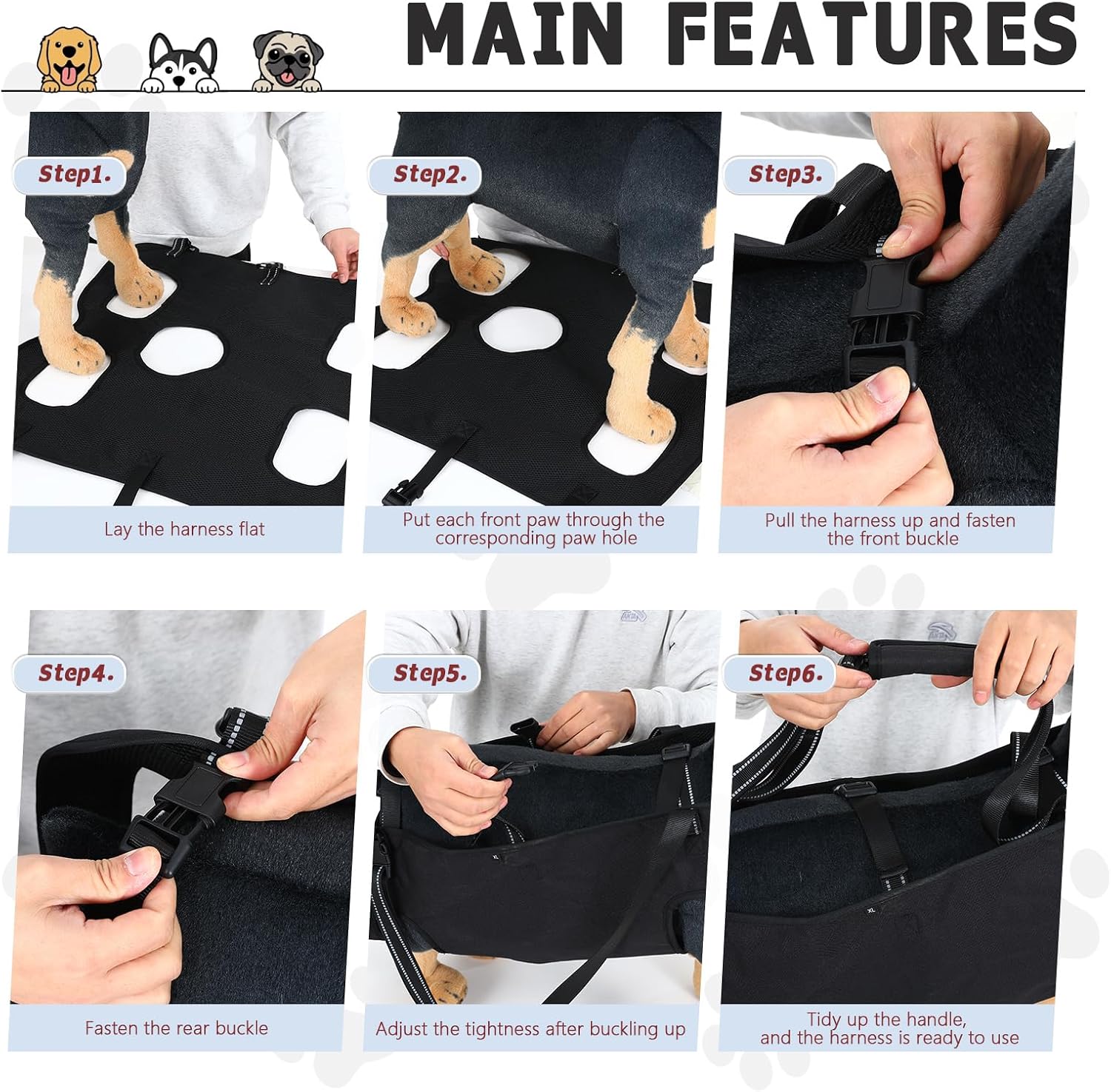 Dog Lift Harness with Pocket Full Body Dog Harness with Adjustable Handle Dog Carrying Sling Pet Legs Support Sling for Senior Dogs Joint Injuries Post Surgery Recovery Hiking,Black,XL - Image 4
