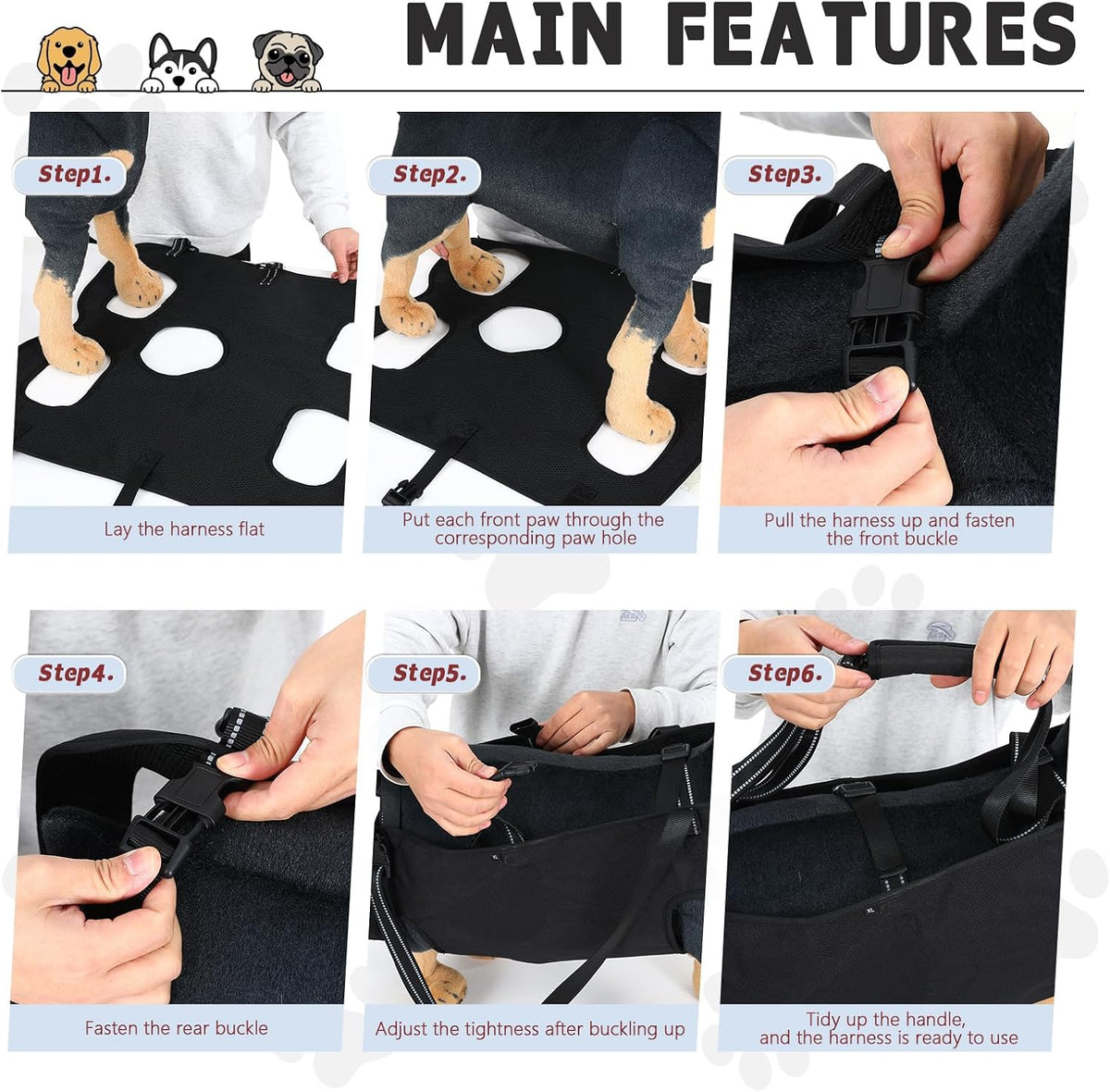 Dog Lift Harness with Pocket Full Body Dog Harness with Adjustable Handle Dog Carrying Sling Pet Legs Support Sling for Senior Dogs Joint Injuries Post Surgery Recovery Hiking,Black,XL - Image 4