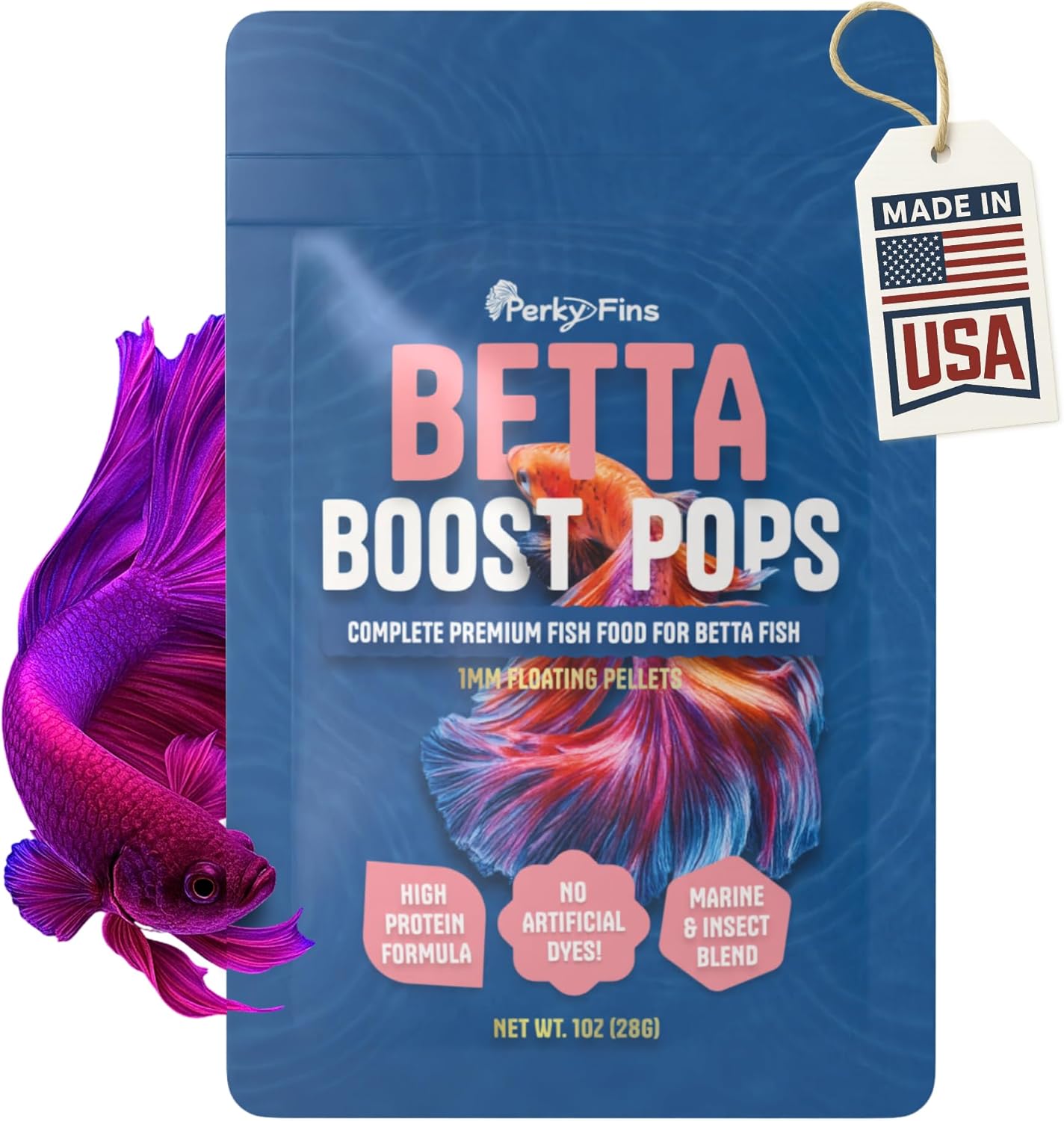 Perky Fins Betta Boost Pops front view of premium USA imported high protein fish food bottle.