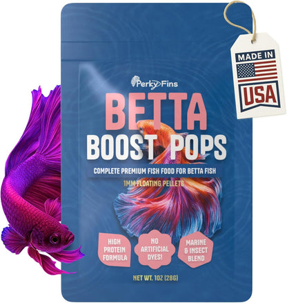 Perky Fins Betta Boost Pops front view of premium USA imported high protein fish food bottle.