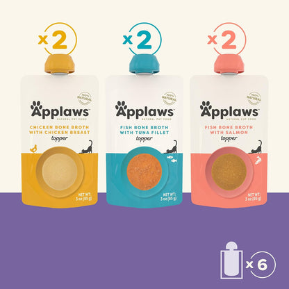 Applaws premium salmon bone broth topper pouch designed for adult cat hydration support.
