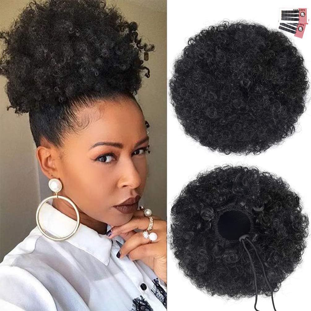 Rosmile Afro Puff Drawstring Ponytail Extension front view showing natural black kinky curly hair volume