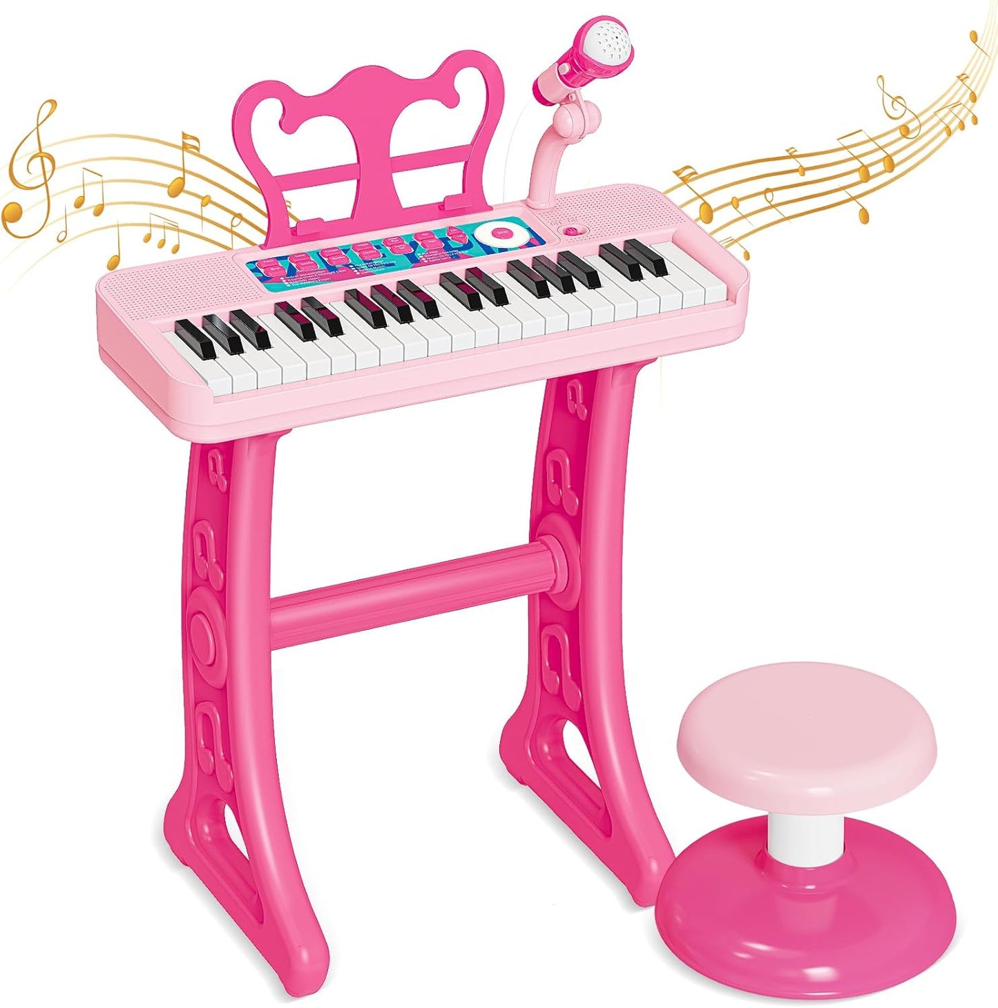 NEUBSAW kids piano toy front view pink electronic keyboard with microphone and stool