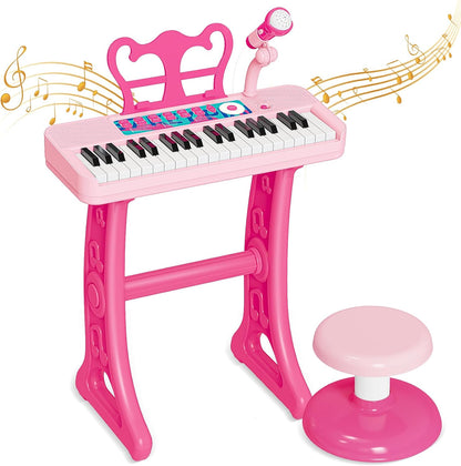 NEUBSAW kids piano toy front view pink electronic keyboard with microphone and stool