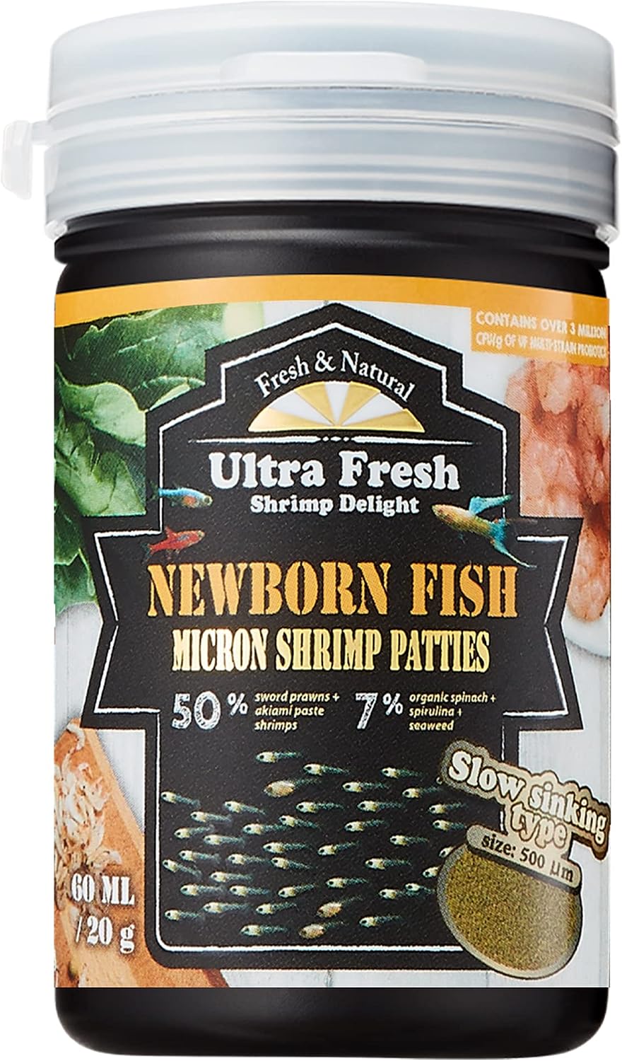Ultra Fresh Baby Fish Food front view of sixty milliliter container for ornamental fry nutrition