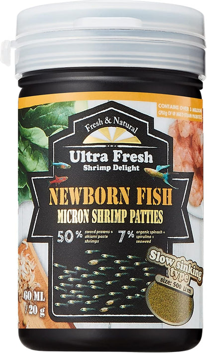 Ultra Fresh Baby Fish Food front view of sixty milliliter container for ornamental fry nutrition