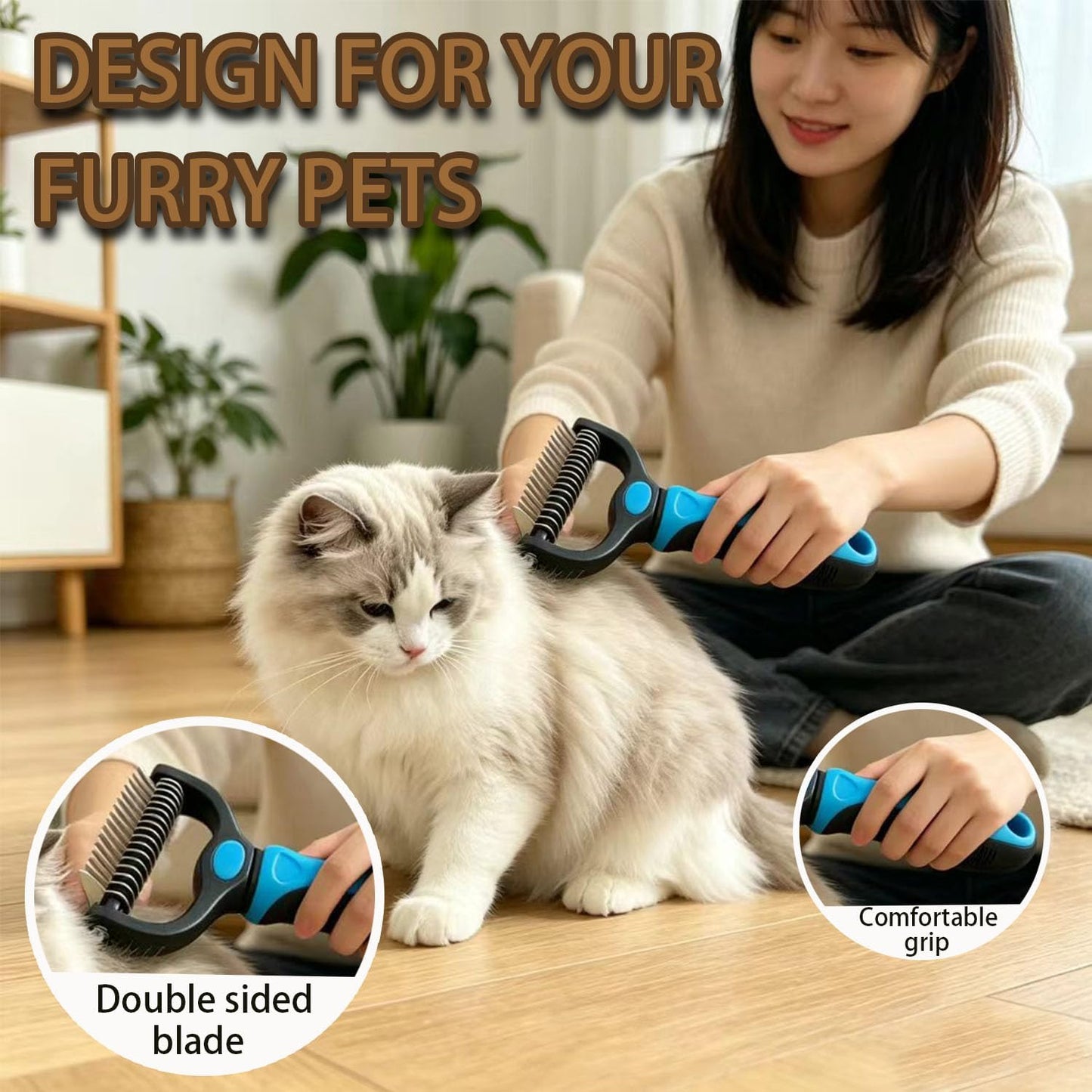 Undercoat rake pet brush for long hair removing loose fur and tangles