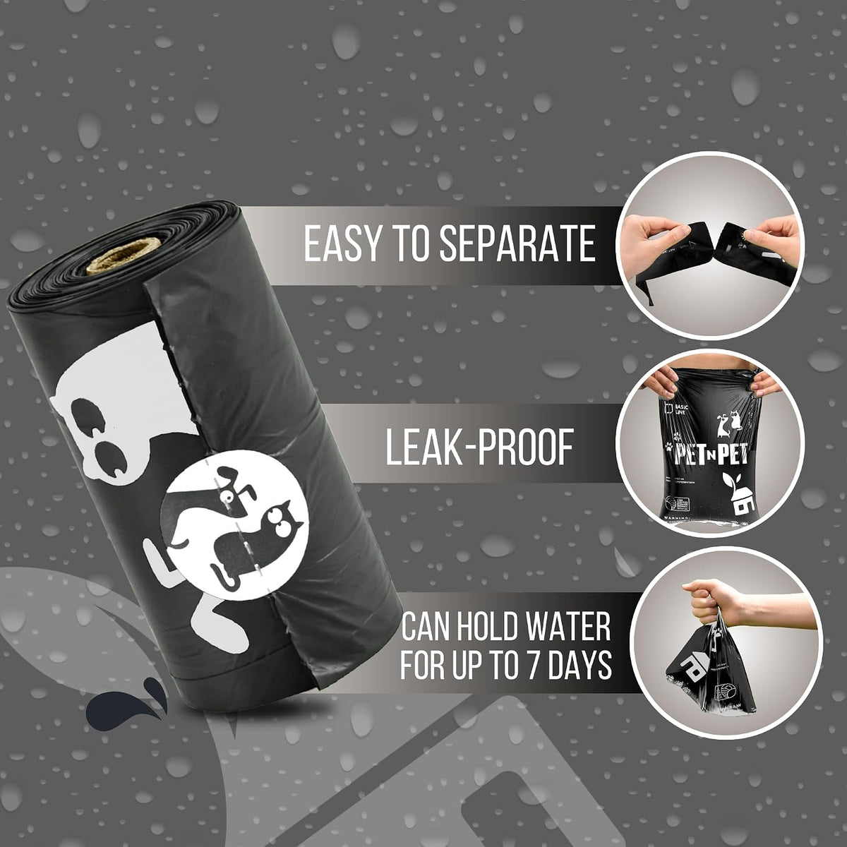 Close up of the plant-based and leakproof material of the black dog poop bag.