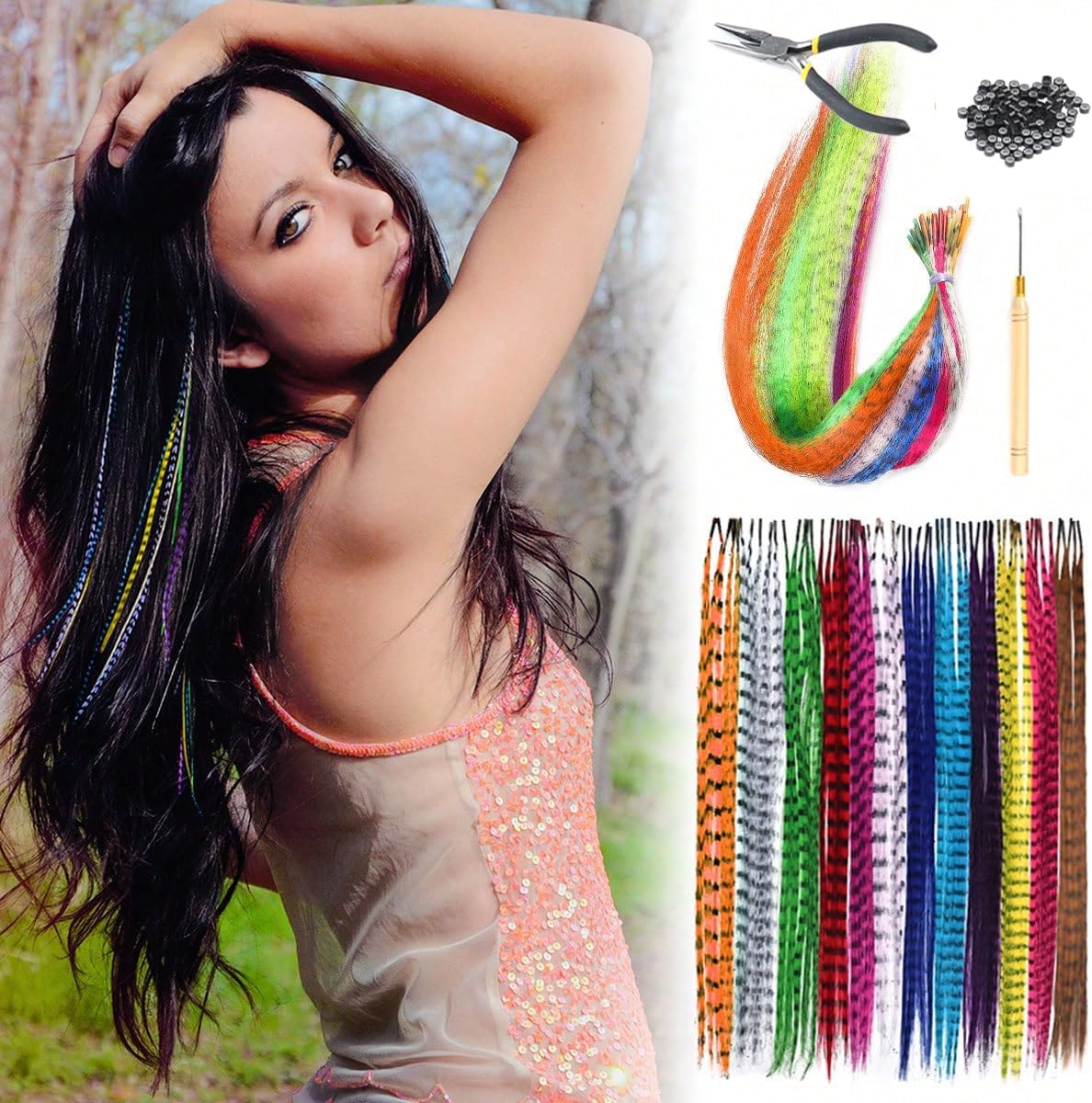 Jiefeng synthetic feather hair extensions kit with 13 colors