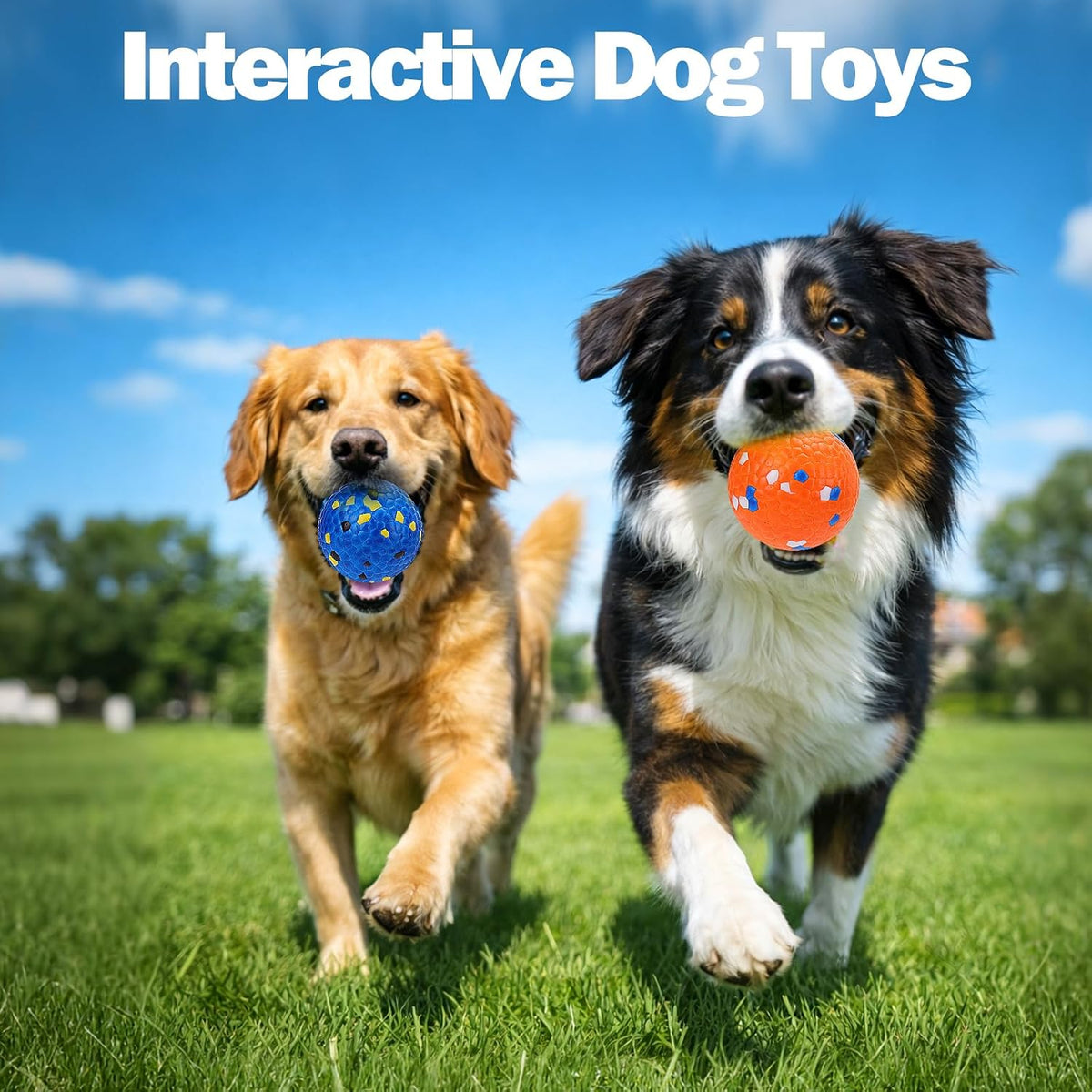 Small and medium dog playing with Mity Rain ball