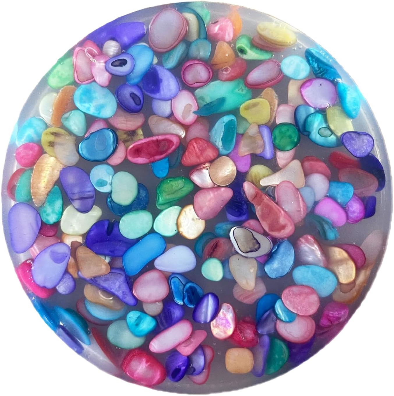 Titata non-sticky skin picking fidget toy front view showing embedded colorful shell chips in blue silicone base
