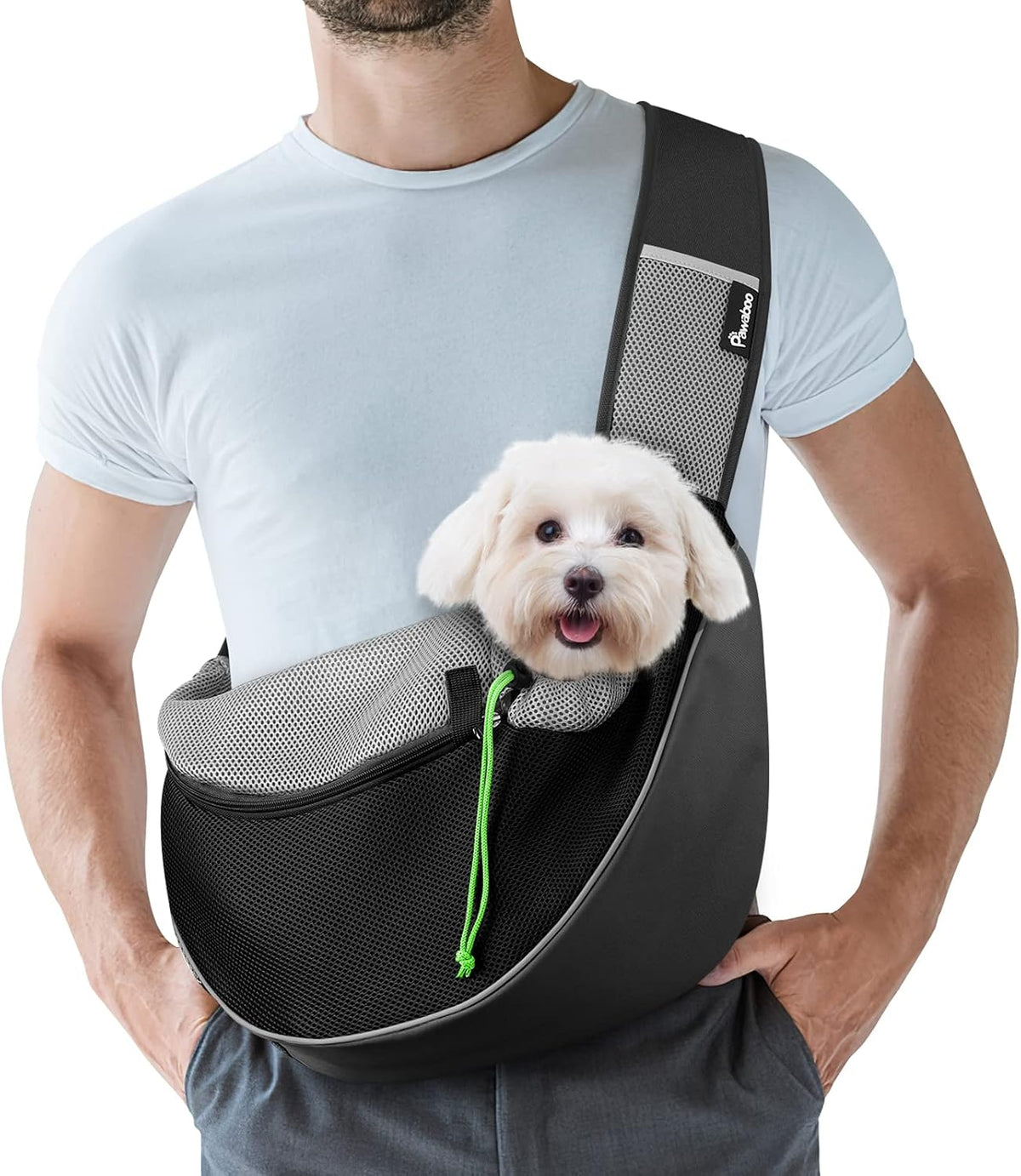 Pawaboo Pet Dog Sling Carrier, Hand Free Drawstring Dog Papoose with Adjustable Strap, Breathable Mesh Bag for Puppy Cat, Crossbody Satchel Dog Purse with Pocket for Outdoor, Dark Gray+Black, Medium - Image 13