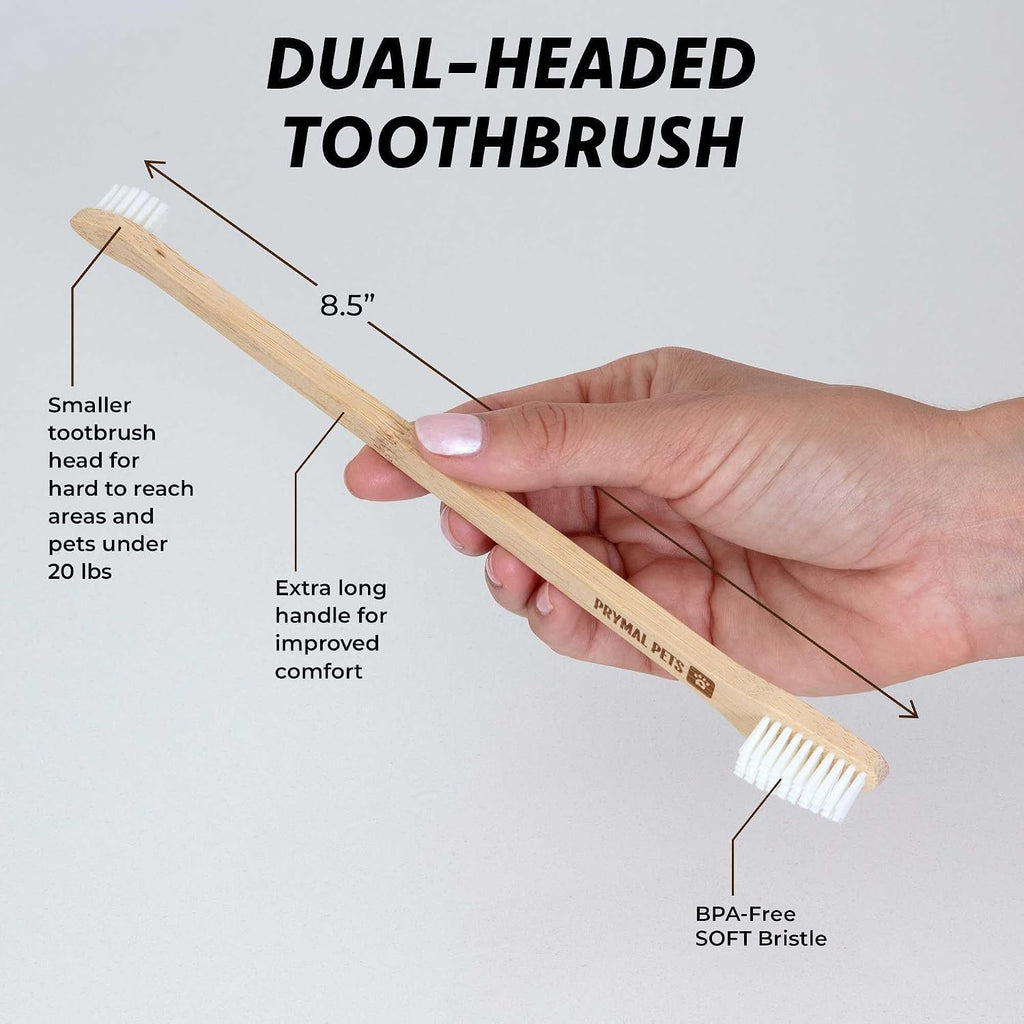 Close up of dual-sided pet toothbrush heads