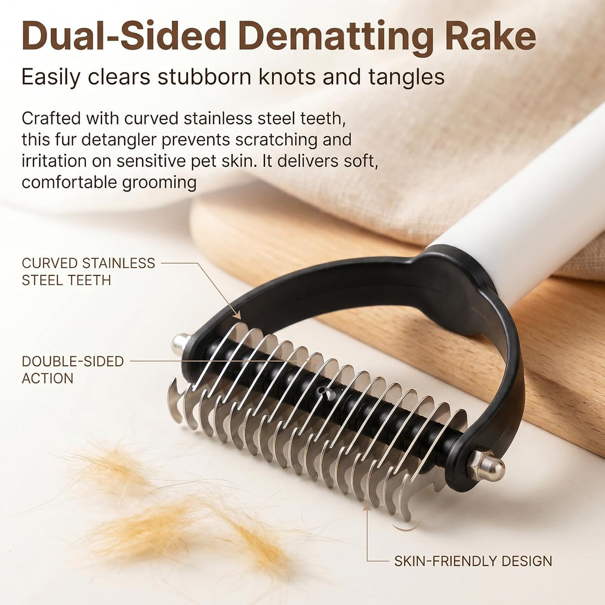 Ergonomic non slip grip of the white pet grooming brush