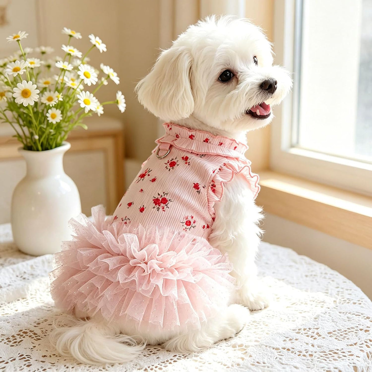 YZHZIIR small dog princess skirt back view highlighting the metal leash D-ring
