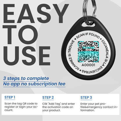 Close-up of the round black soundless pet ID tag attached securely to a nylon collar.