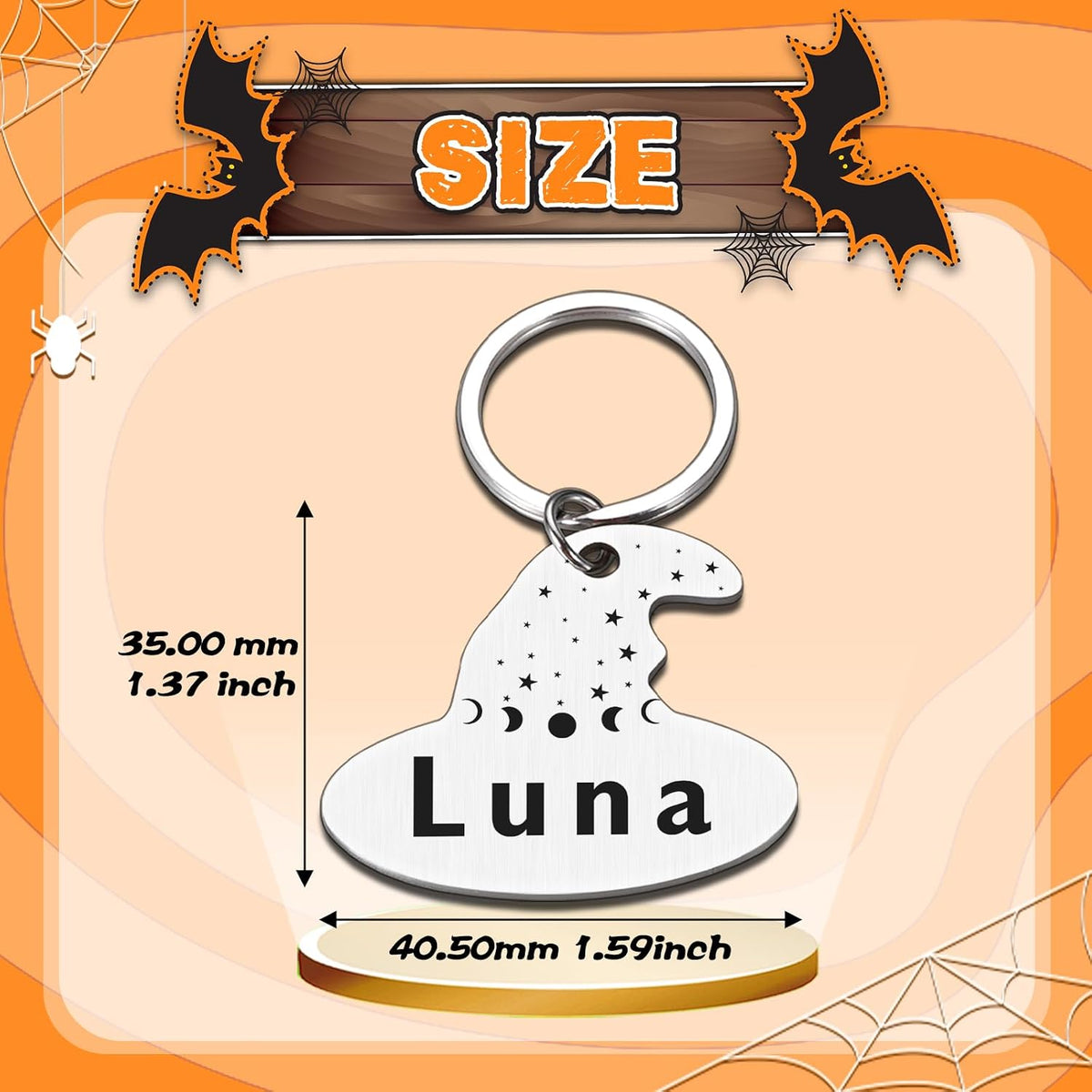 Stainless steel spooky pet name plate with stars and moon finish
