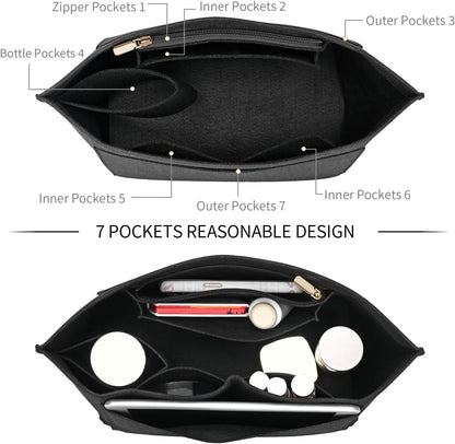 LOUKAYCCI handbag organizer showing the secure zipper pocket and soft felt texture.