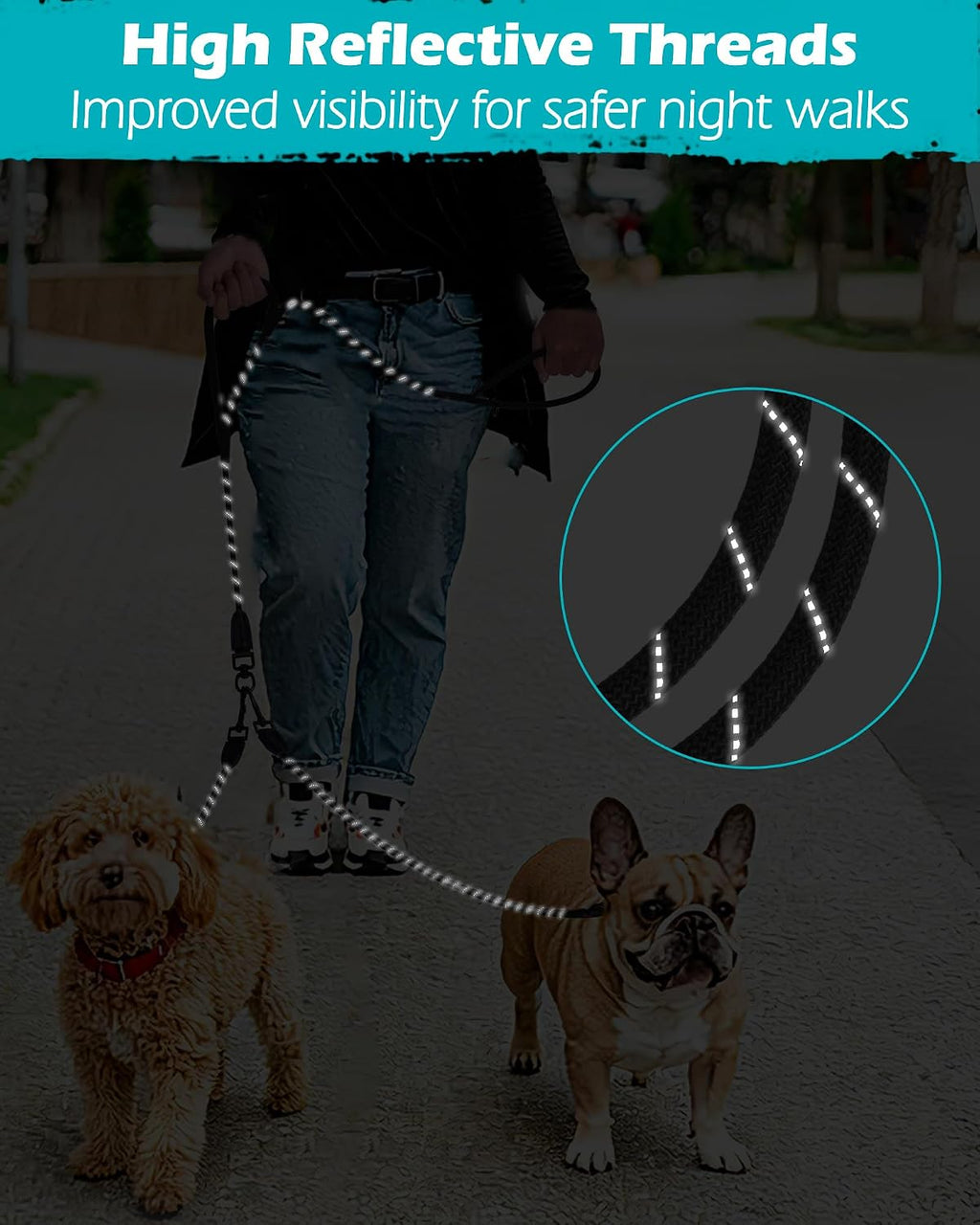 Heavy duty nylon double dog lead with integrated traffic handle control