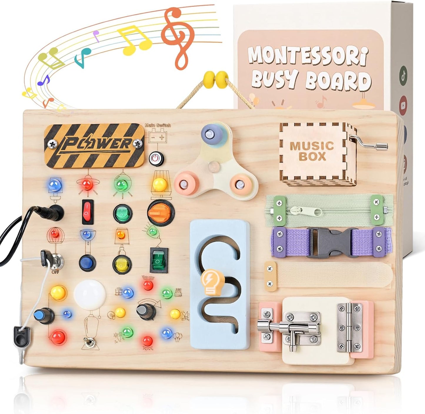 Avengerstore Sanlebi wooden busy board front view showing LED light switches and music box for toddler sensory learning.
