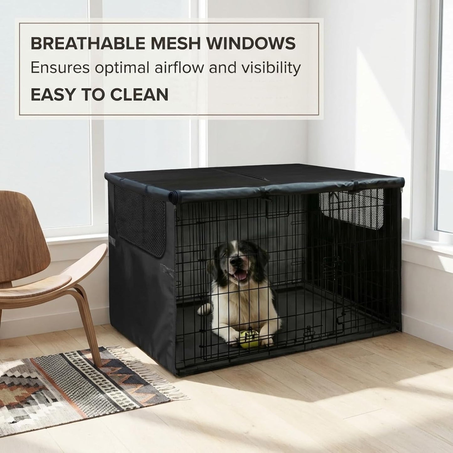 TENTVIA outdoor indoor dog crate cover secured to a wire cage showing bottom fastening loops